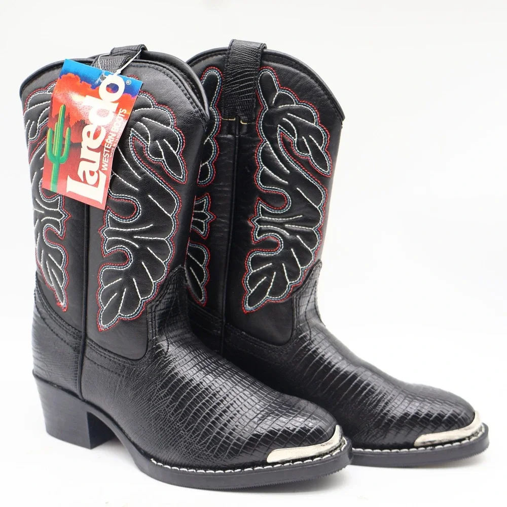 Laredo Western Cowboy Boots Kids Size 2D Vintage Black Lizard Embossed 28-2230-6